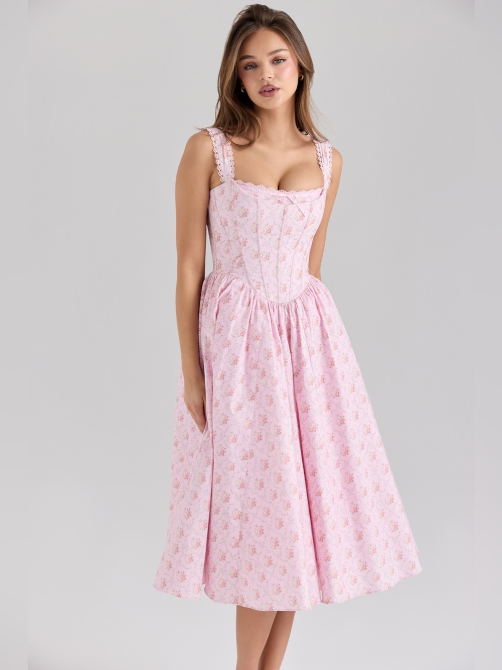 House of CB AMARA Pink Rose Print Stretch Cotton Corset Midi Dress